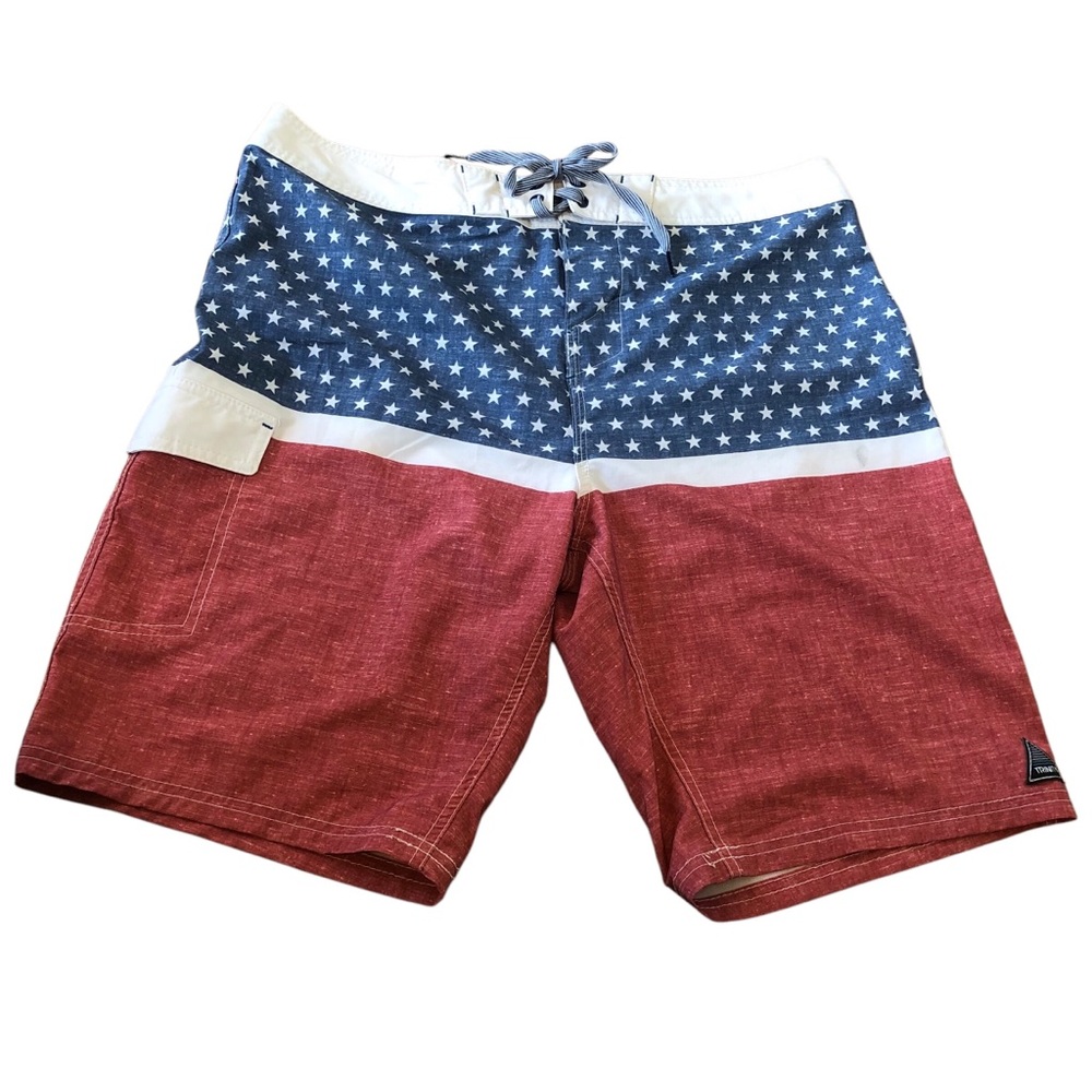 Men’s Red White and Blue Swim Board Shorts Drawstring Waist Good Condition